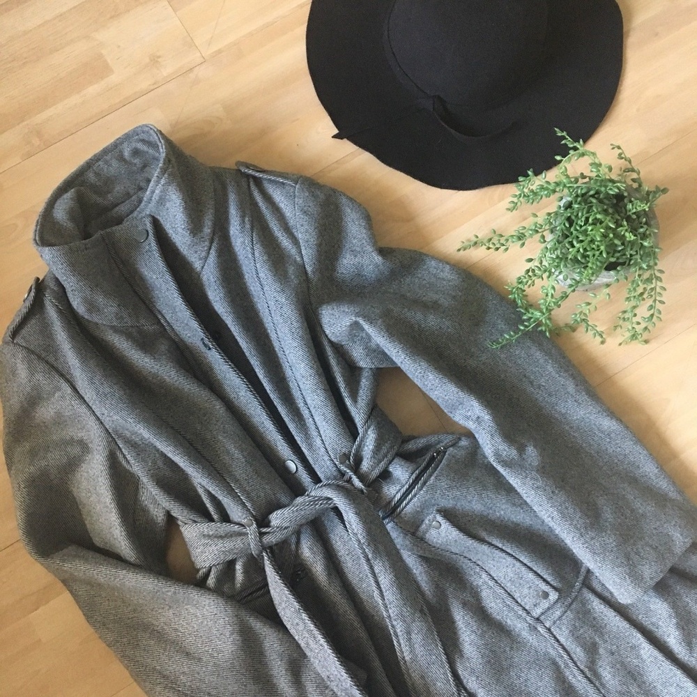 Calvin Klein Gray Twill Wool Coat Belted Pleated